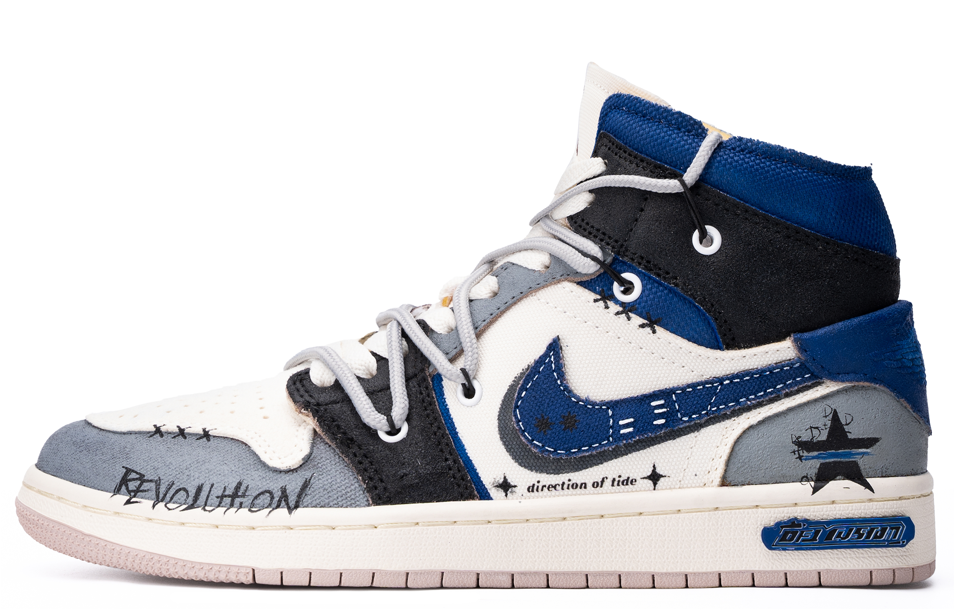 Jordan Air Jordan 1 ADCDAVINCI Custom, Blue Star High top Vintage Basketball Shoes Men's Blue Gray