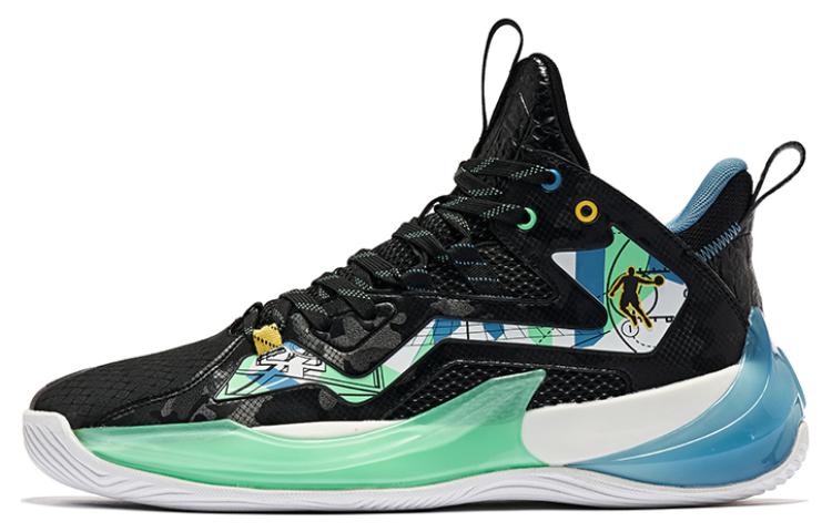 QIAODAN Cushioning Slip Resistant Abrasion Resistant Mid top Basketball Shoes Men’s Black Blue Green