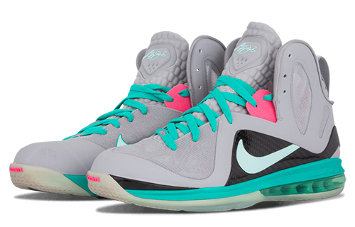 Мужские кроссовки Nike Lebron 9 Elite PS Elite "South Beach" (серые с розовым) — 狼灰/薄荷/绿/粉红闪 — фото 3