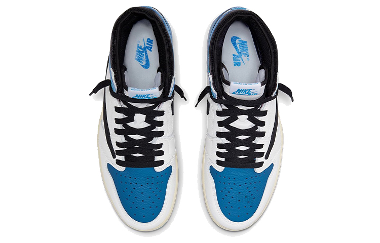 Кроссовки Travis Scott x Fragment x Jordan Air Jordan 1 (сине-бело-черные) — фото 4