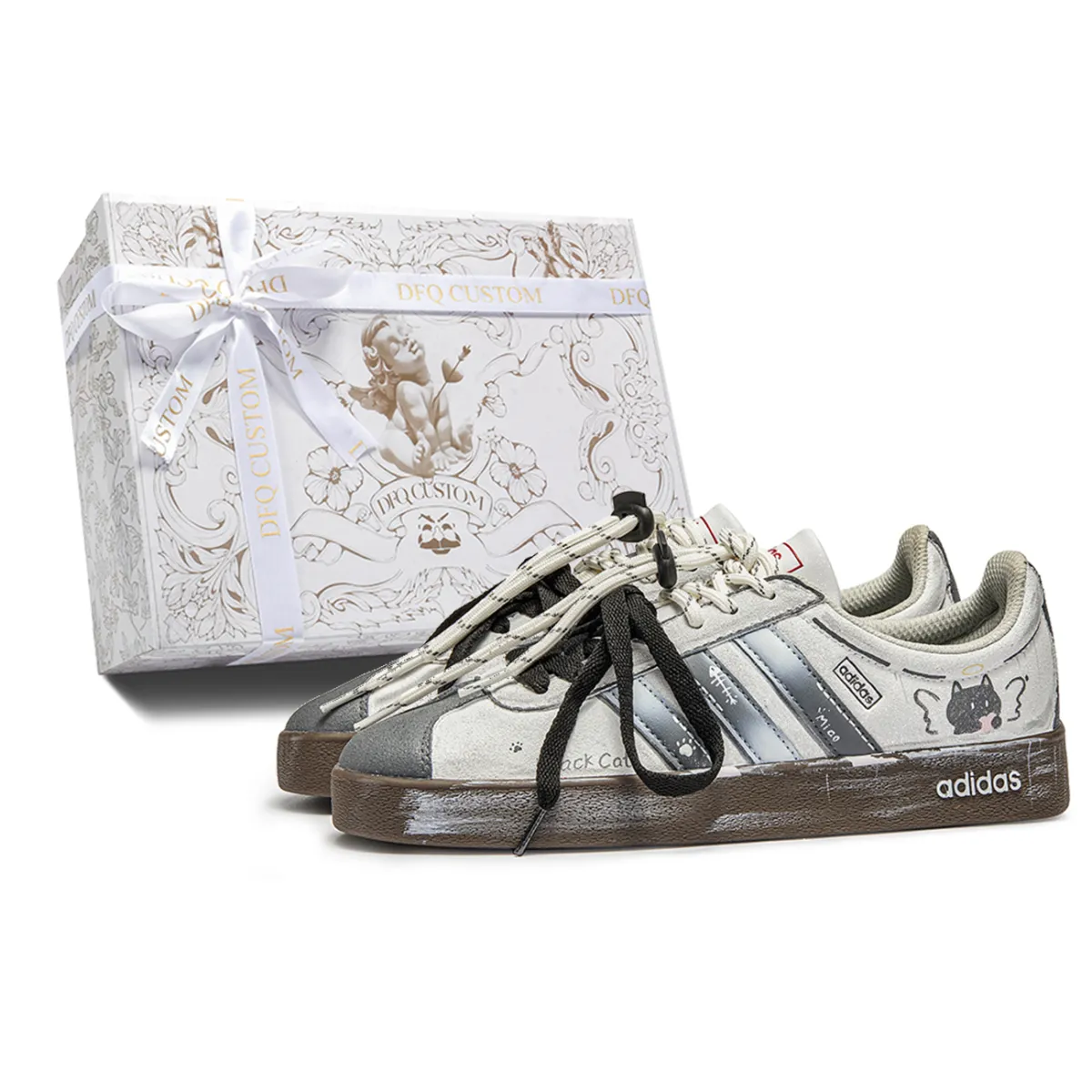 Adidas VL COURT 2.0 Da Vinci, Box, Black Cat Low top Skateboard Shoes Unisex Gray Brown