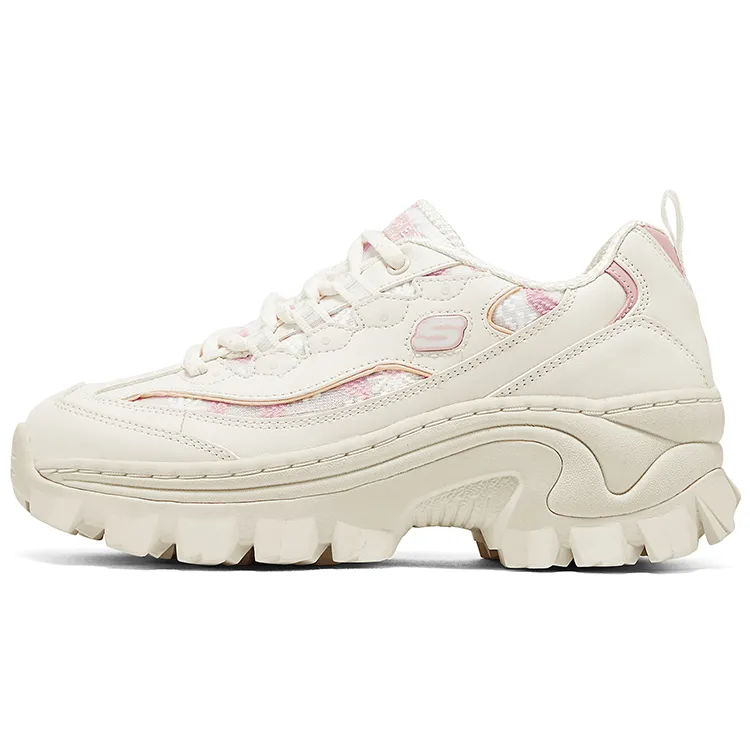 Skechers Lace Platform Shoes Breathable Mesh Height Increasing Low top Chunky Sneakers Women's White Pink