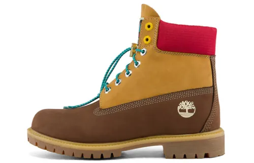 Timberland Premium 6 Inch Waterproof Wide Fit Boots 'Brown Nubuck With Yellow And Red Collar'