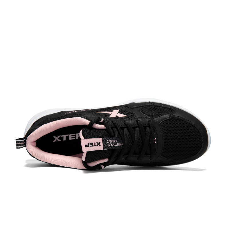 XTEP Synthetic Leather Cushioning Abrasion Resistant Low top Casual Running Shoes Women’s Black Cherry Blossom Pink