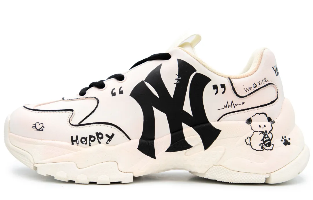 MLB Big Ball Chunky White Peach Journal Lightweight Height Increasing Low top Chunky Sneakers Unisex White Pink