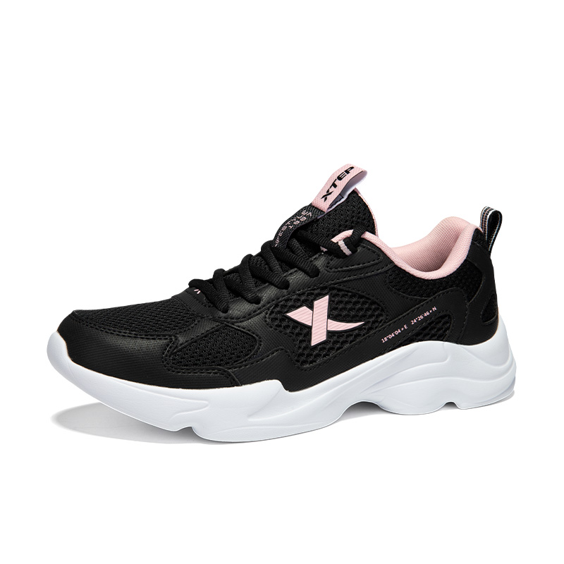 XTEP Synthetic Leather Cushioning Abrasion Resistant Low top Casual Running Shoes Women’s Black Cherry Blossom Pink
