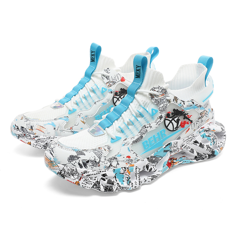 MEKY Cushioning Slip Resistant Abrasion Resistant Breathable Rebound Mid top Running Shoes Unisex White Blue