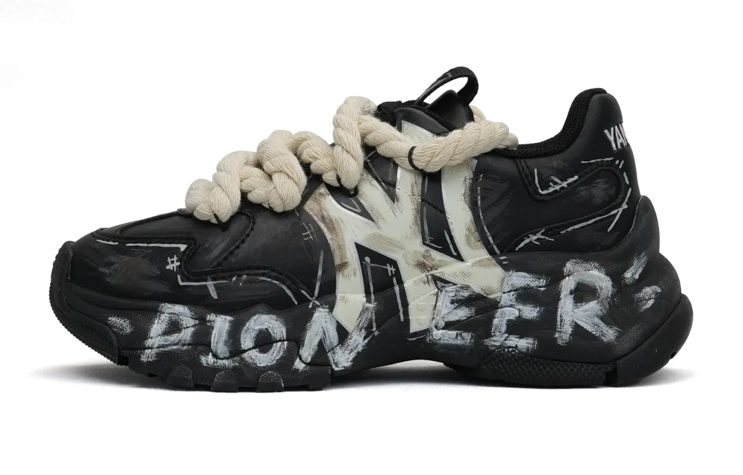 MLB Big Ball Chunky Artificial Leather Abrasion Resistant Height Increasing Low top Chunky Sneakers Unisex Black White