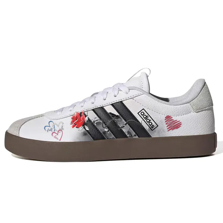 Adidas VL COURT 3.0 Heartbeat Lover, Rose Heart Slip Resistant Abrasion Resistant Low top Skateboard Shoes Unisex White