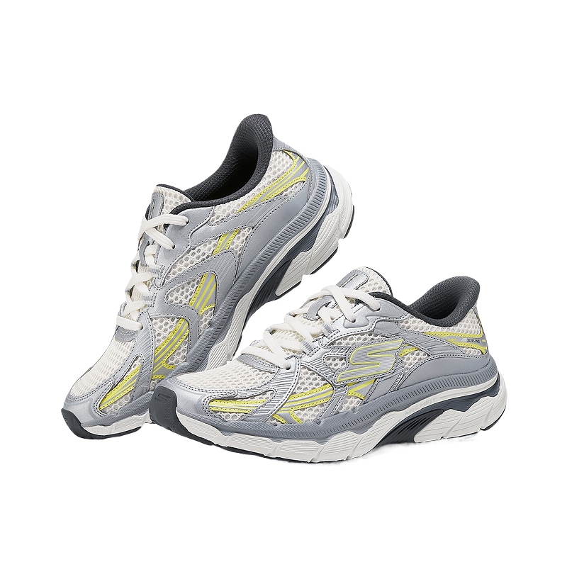 Skechers PU Leather Cushioning Breathable Support Lightweight Low top Running Shoes Women’s Silver Yellow