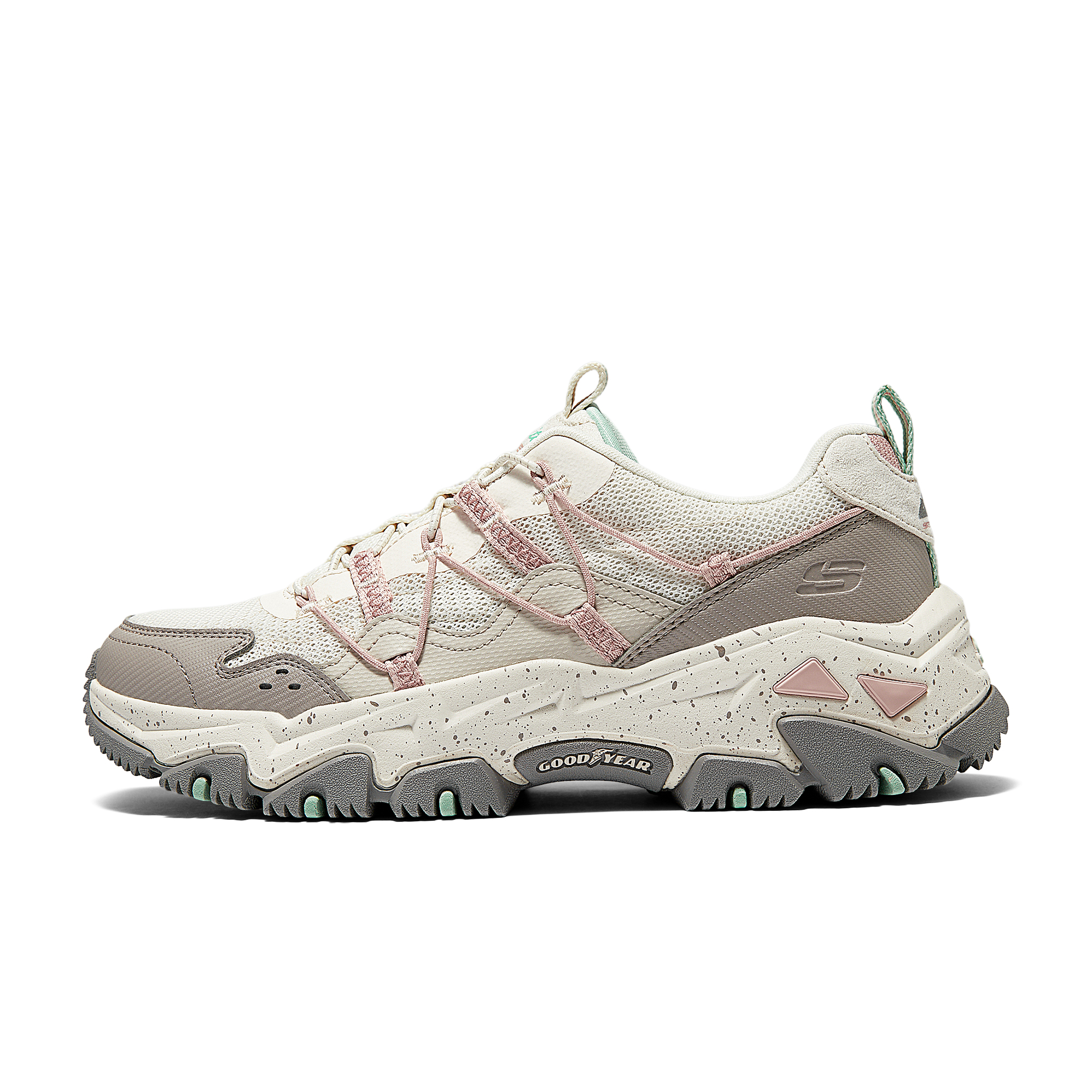 Skechers Skechers Yunyu shoes, mountain style aesthetics, spring and summer fashionable and comfortable, lightweight cushioning, thick-soled heightening shoes, sports mountaineering, wear-resistant and breathable, low-cut outdoor functional shoes, women's style, gray and white