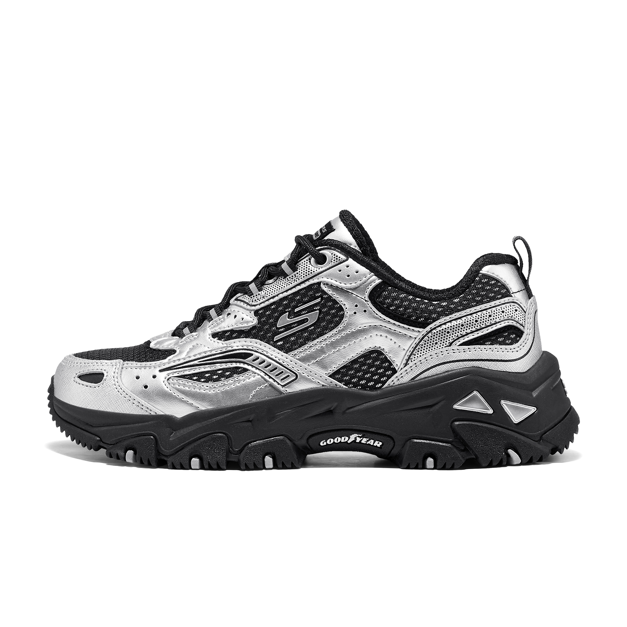Skechers Skechers Yunyu shoes, mountain style aesthetics, fashionable and comfortable, lightweight cushioning, thick soles, sports mountaineering, versatile soft sole fitness, low-cut outdoor functional shoes, women's black and silver