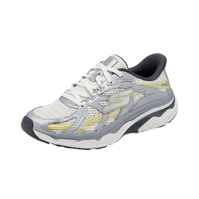 Skechers PU Leather Cushioning Breathable Support Lightweight Low top Running Shoes Women’s Silver Yellow
