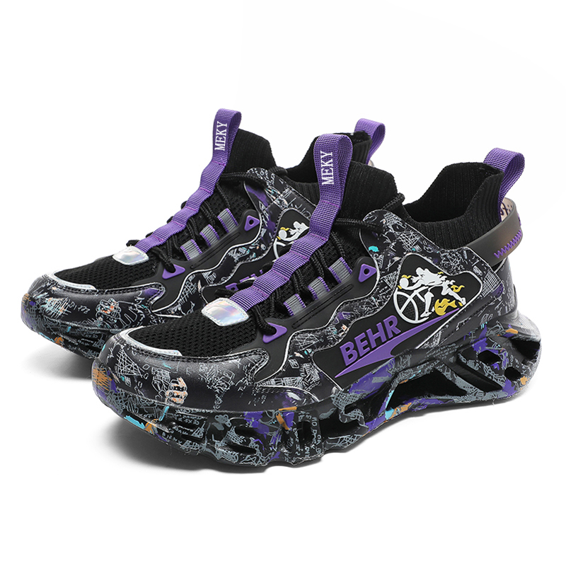 MEKY Cushioning Slip Resistant Abrasion Resistant Breathable Running Shoes Unisex Black Gold Purple