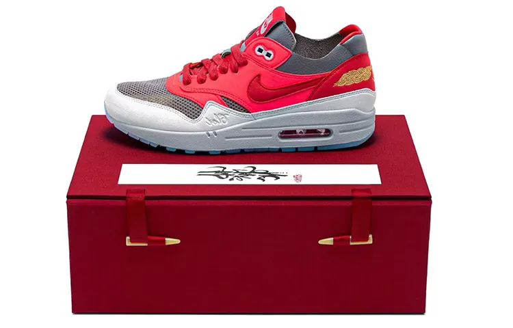CLOT x Nike Air Max 1 Cushioning Low top Casual Running Shoes Unisex Red Gray White