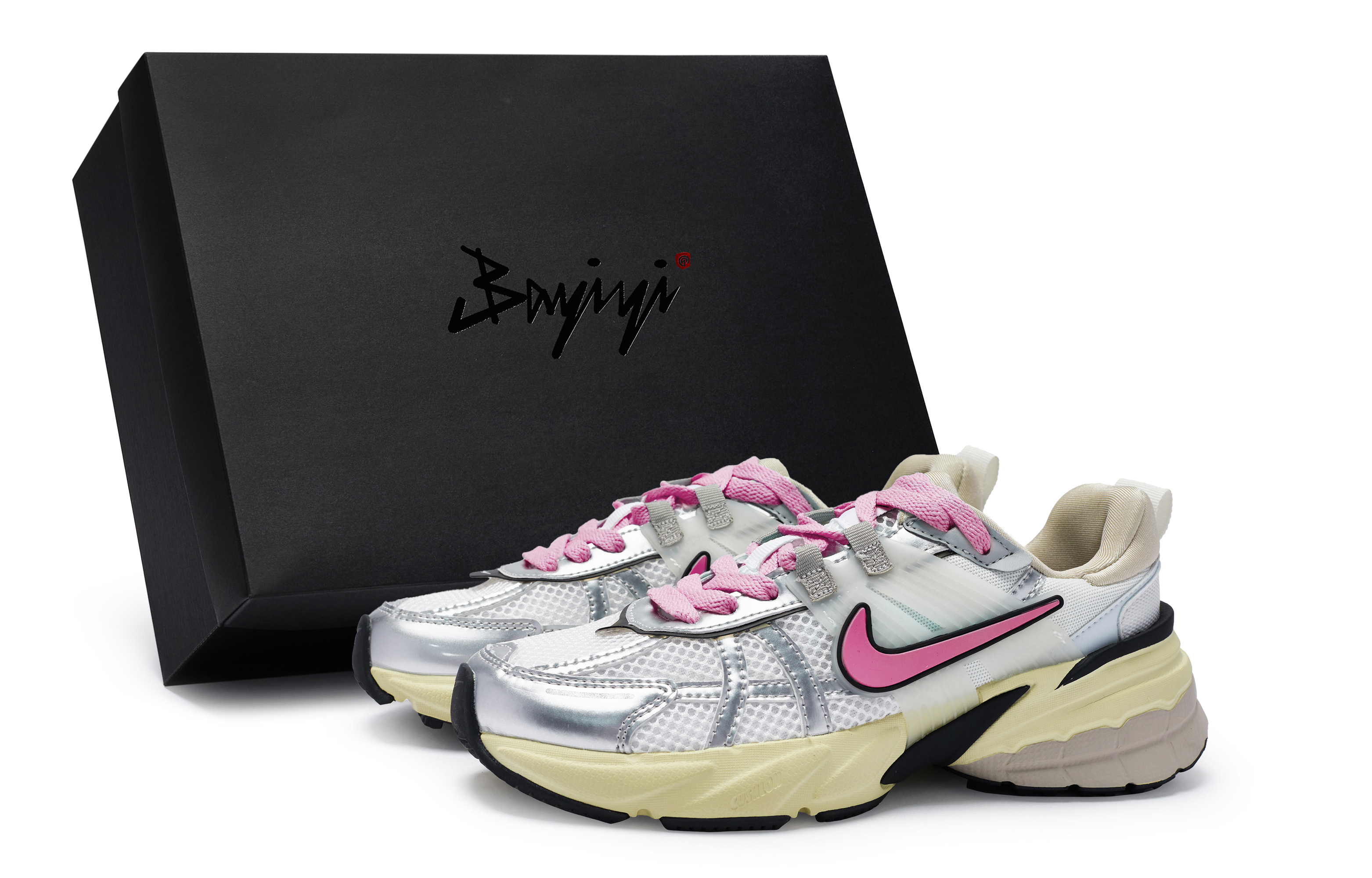 Nike V2K Run Cushioning Slip Resistant Abrasion Resistant Low top Running Shoes Women’s White Silver Rose Red