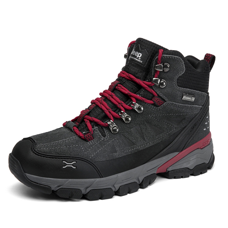 Jeep Cow Leather, Textile Cushioning Abrasion Resistant Lightweight Mid top Outdoor Shoes Men’s Gray Red