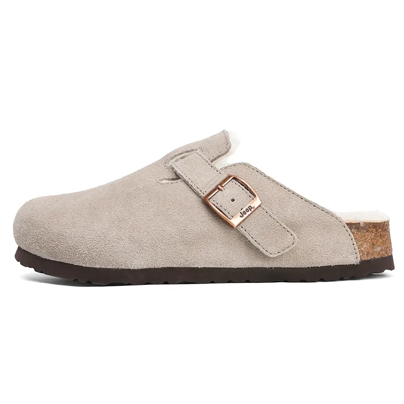 Jeep Cow Suede Couple's Cork Low Vintage Birkenstock Fleece Lined Semi Enclosed Slip on Slippers Insulated Shoes