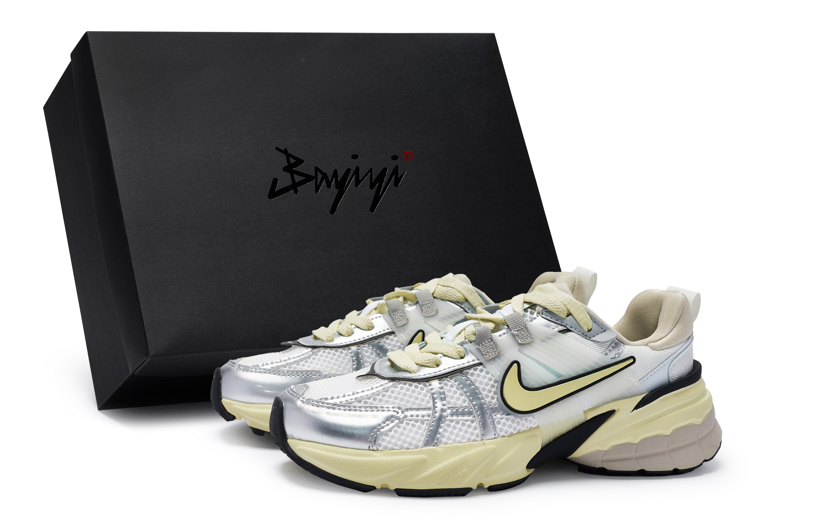 Nike V2K Run Cushioning Slip Resistant Waterproof Low top Running Shoes Women’s White Silver Beige Yellow