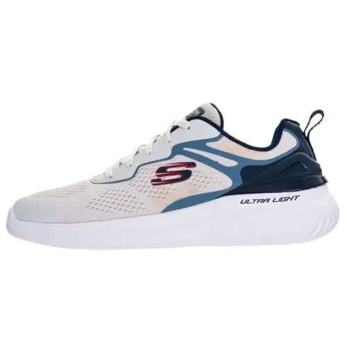 Skechers BOUNDER 2.0 Comfortable Mesh, Leather Cushioning Low top Running Shoes Men's Gray/White/Blue Wide Last Style