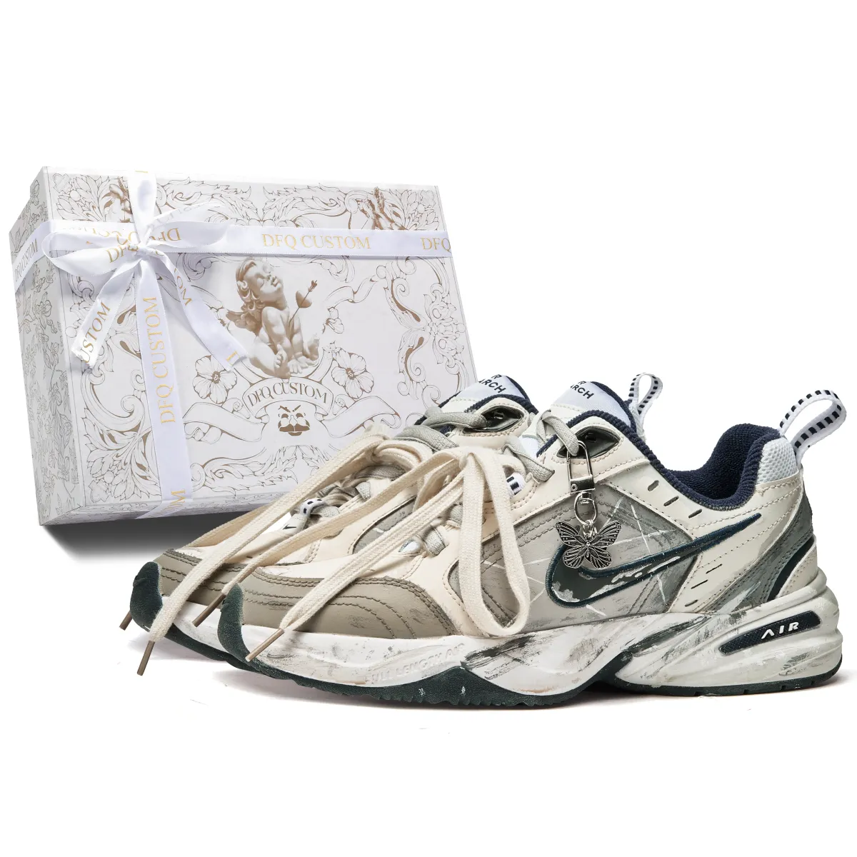 Nike Air Monarch 4 Da Vinci, Box, Green Series Slip Resistant Low top Chunky Sneakers Unisex Beige Brown