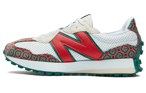 CASABLANCA x New Balance NB 327 comfortable fabric second layer cowhide first layer cowhide low top casual running shoes men and women same style white and red color patterns