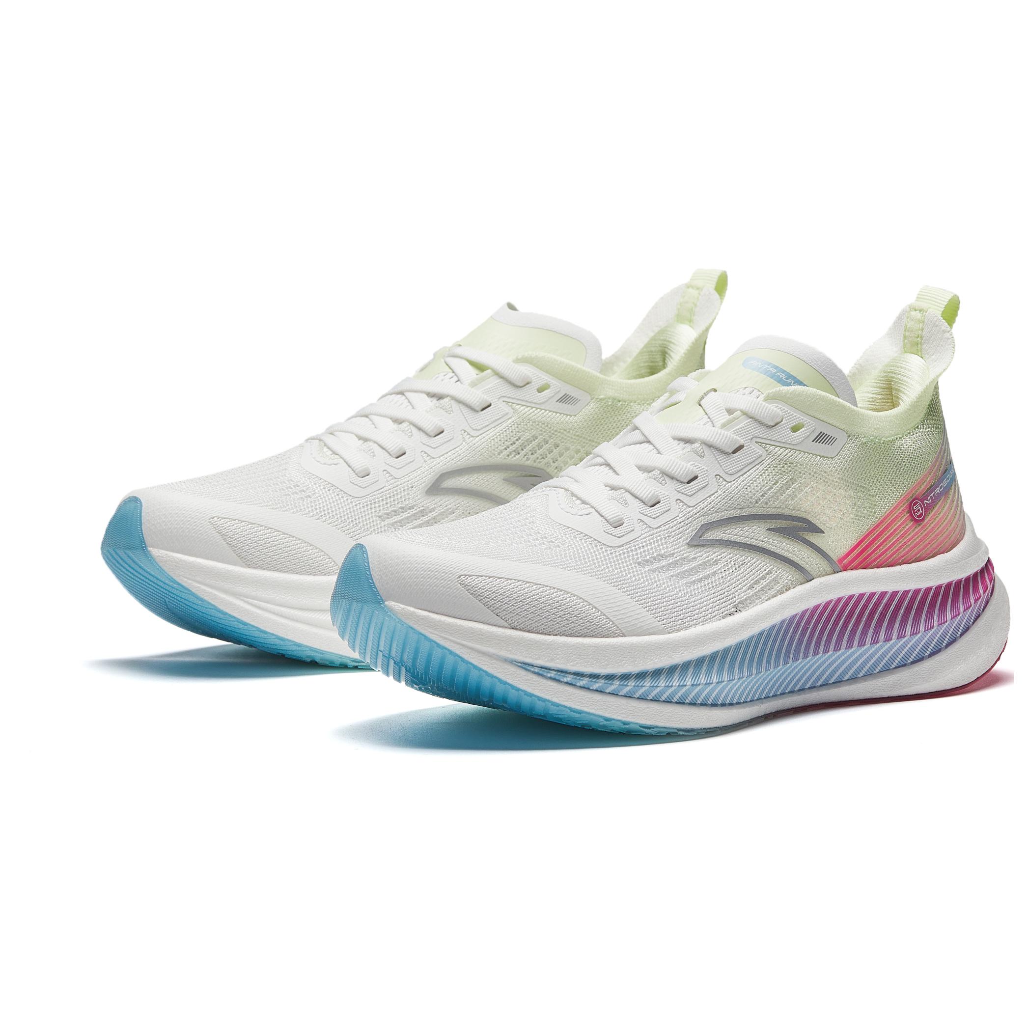 Anta Fabric Cushioning Abrasion Resistant Breathable Low top Full Length Carbon Plate Running Shoes Women’s White Blue