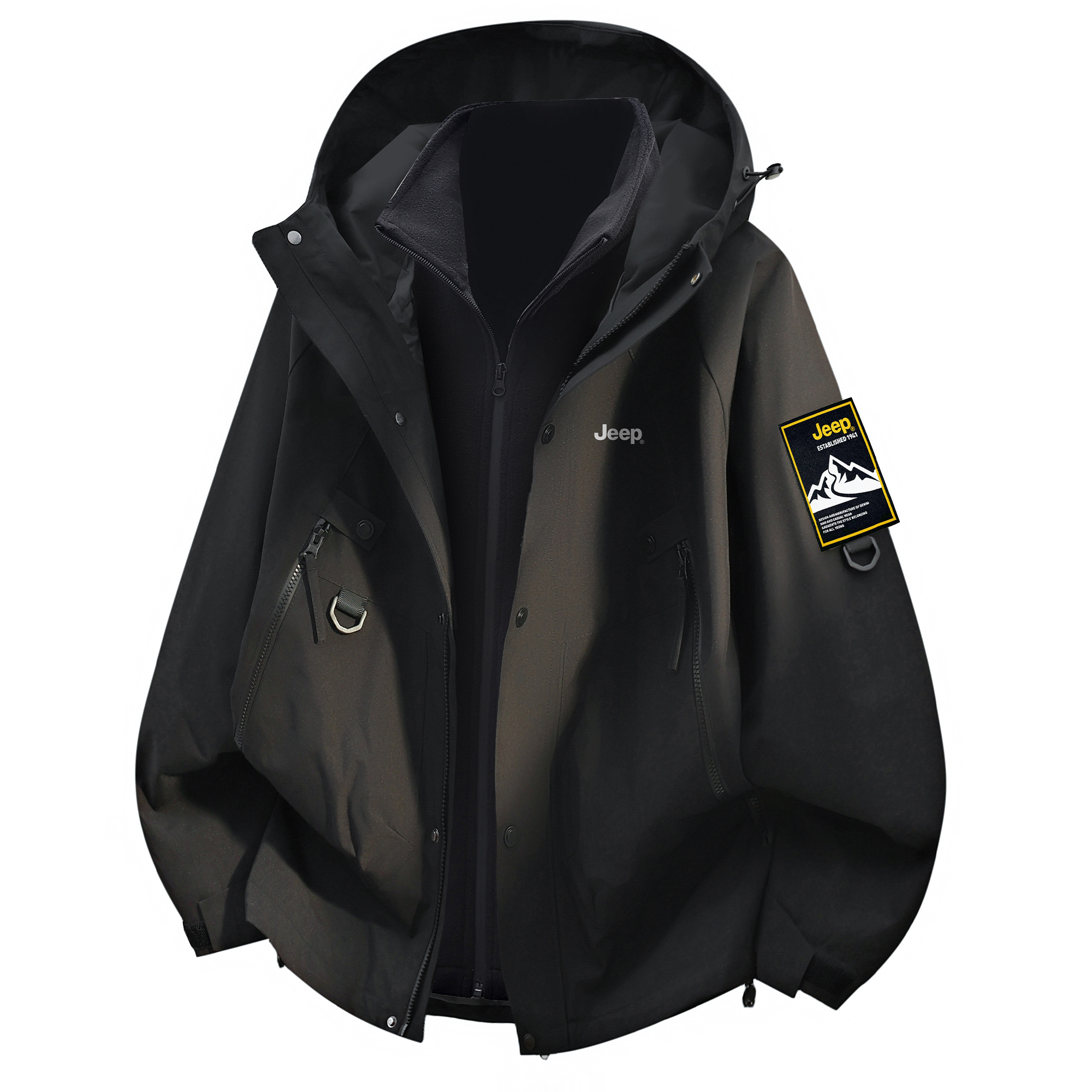 Jeep Travel jeep outside climbing for hiking, removable velvet liner, keep warm hoody with zipper for traveling, windproof jacket for leisure for men and women, three-in-one, print