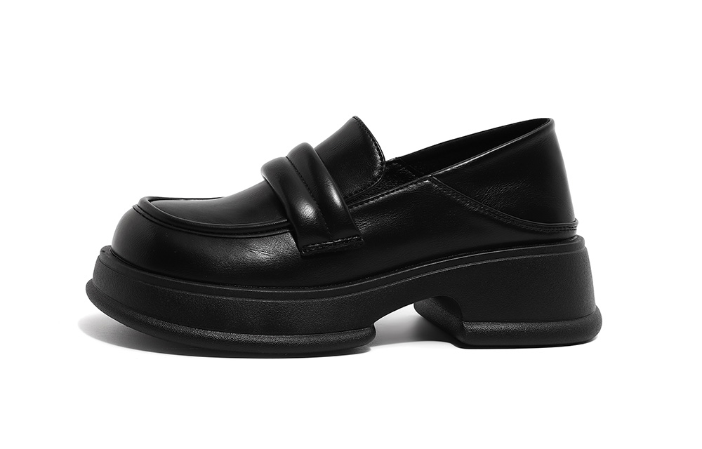 Global HUANQIU Thick-soled Small Leather Shoes British Style Versatile Block Heels Loafers Women's Matte Black