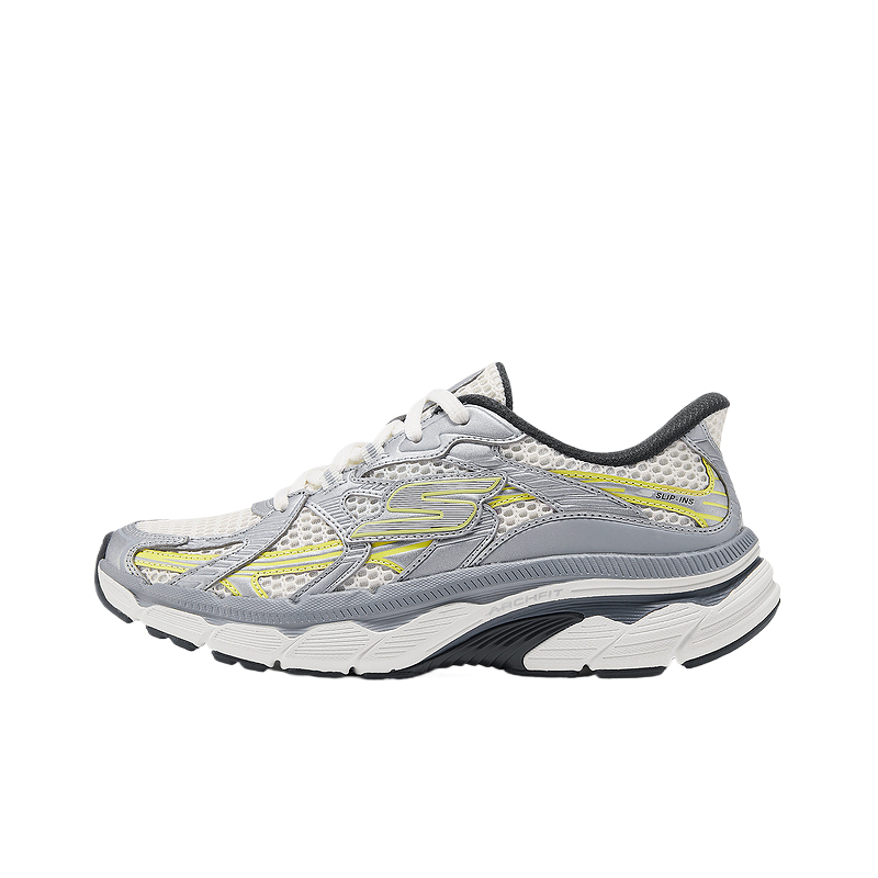 Skechers PU Leather Cushioning Breathable Support Lightweight Low top Running Shoes Women’s Silver Yellow