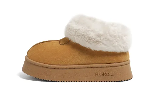 Global HUANQIU Retro, simple and fashionable furry shoes, thick sole with velvet, soft, comfortable and warm, full-coverage slip-on for outer wear, increased wear resistance, low-cut cotton shoes for women