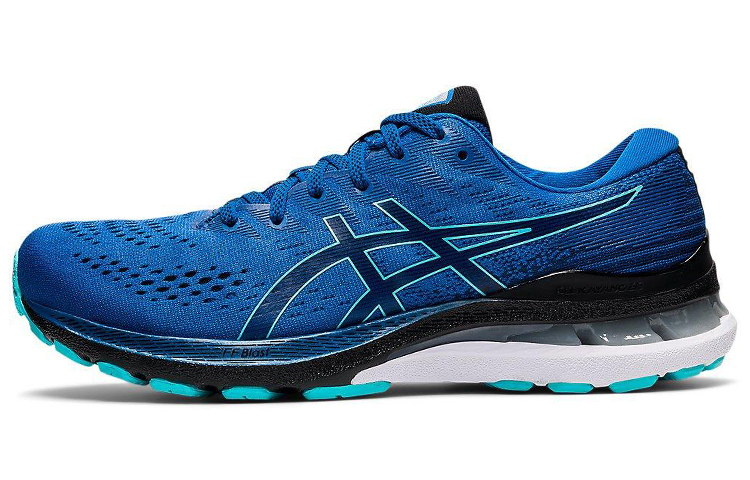 ASICS Gel-Kayano 28 protection, stability, fabric shock absorption, wear resistance, breathability, support, lightweight rebound, low-cut marathon running shoes, men's blue and black