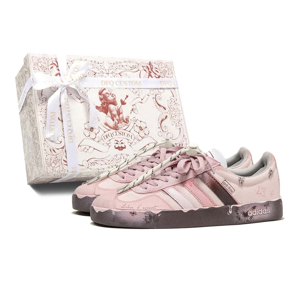 Adidas VL COURT 2.0 Da Vinci, Pink Butterfly Cushioning Low top Skateboard Shoes Unisex Pink Brown