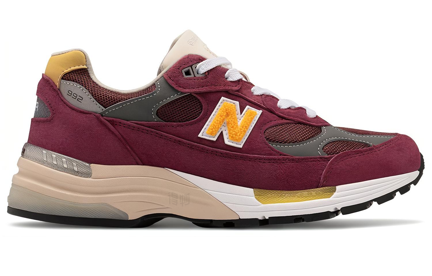 Мужские кроссовки New Balance 992 (бордовые) — 酒红色/灰色/黄色 — фото 2