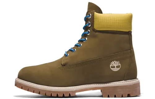 Timberland Premium 6 Inch Boots 'Olive Green Nubuck With Yellow Collar'