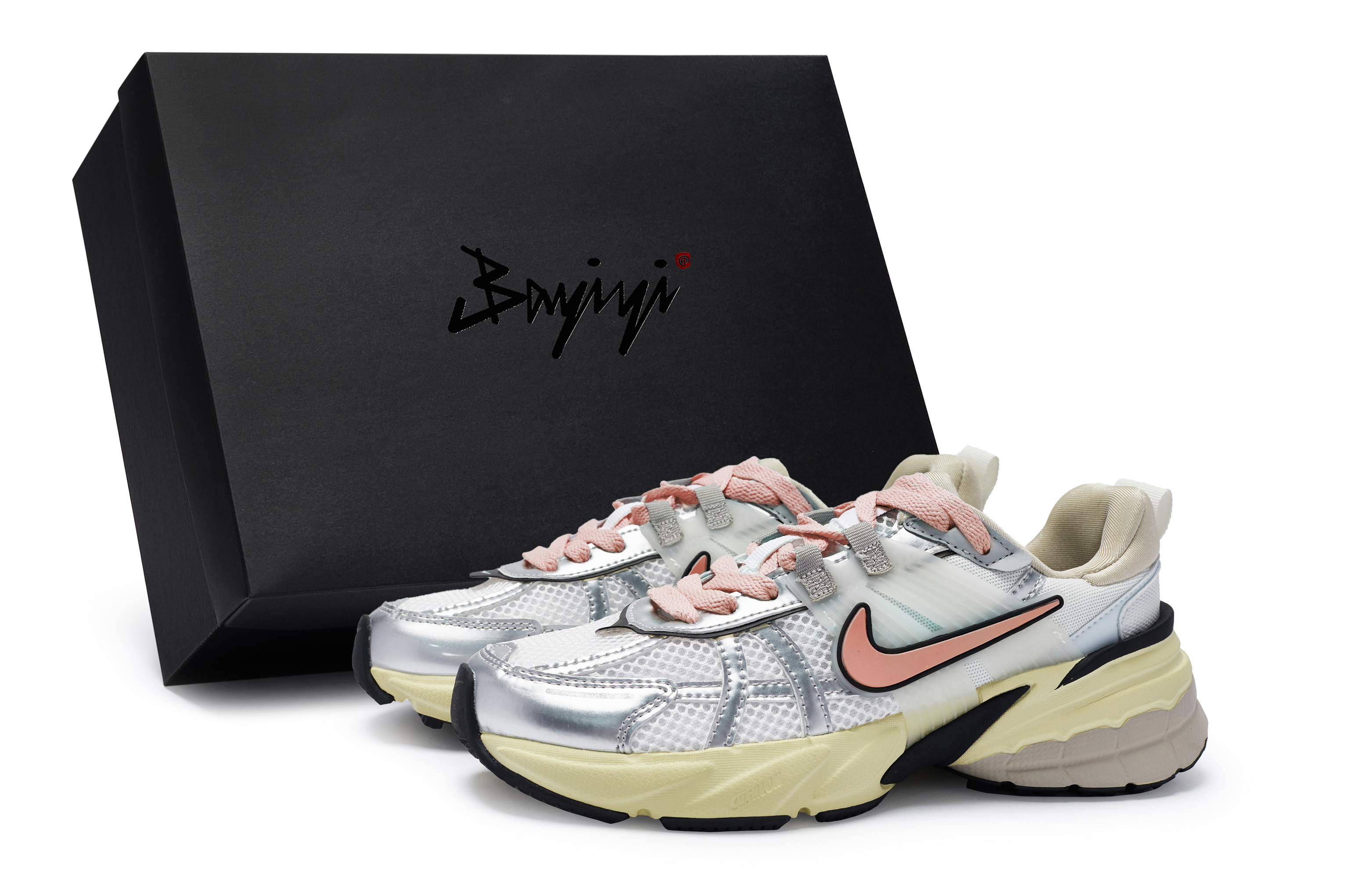 Nike V2K Run Cushioning Slip Resistant Waterproof Low top Running Shoes Women’s White Silver Flesh Pink
