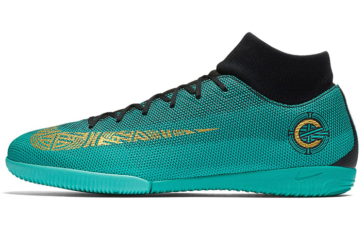 Nike Mercurial Superfly 6 Mercurial 12 Academy CR7 Ronaldo Round Toe Lace IC/IN Shock Absorbing Anti-Slip Wear-Resistant Football Shoes Men's Lake Green