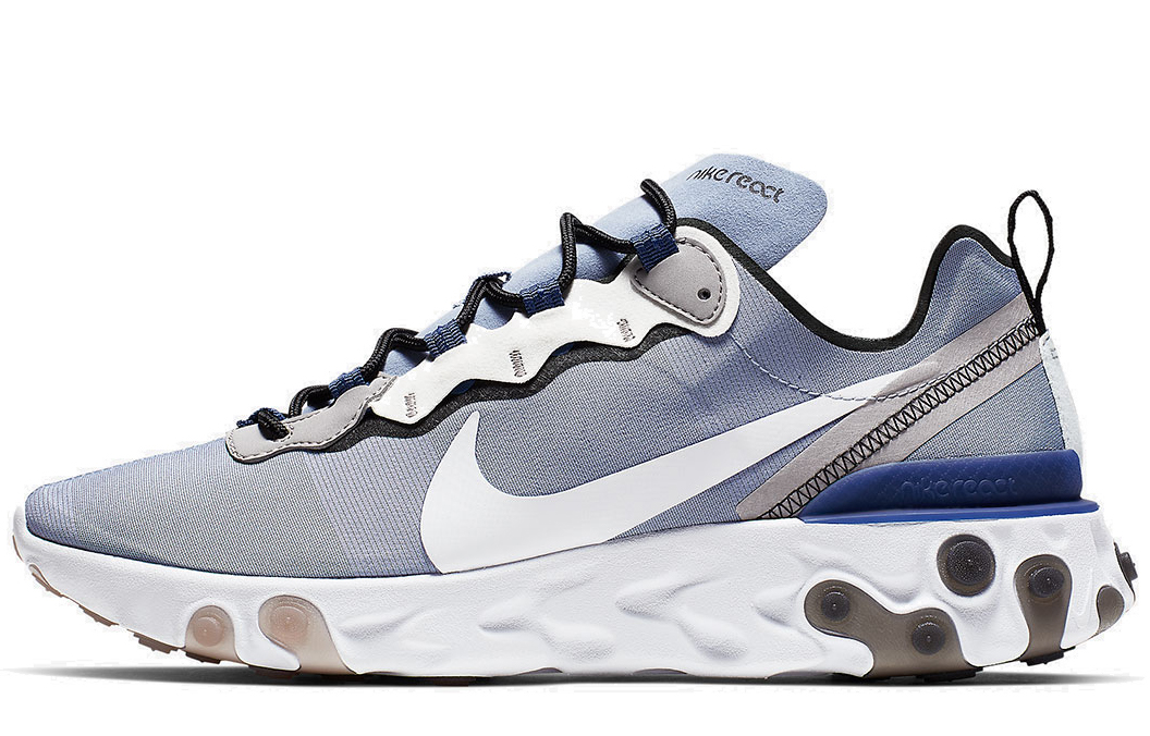 Nike React Element 55 cushioning foam, trendy sports and leisure, fabric shock absorption, non-slip and wear-resistant, low-top marathon running shoes, same style for men and women, ice blue