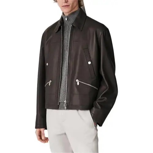 HERMES Leather Jackets Men's Dark Brown Lapel Moderate