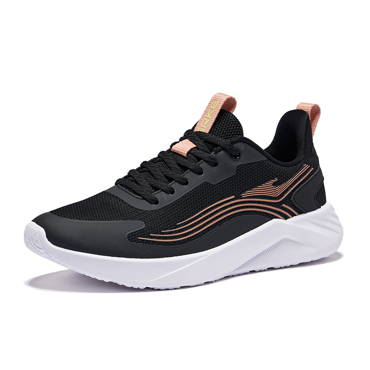 Erke Textile, Synthetic Leather Cushioning Rebound Low top Running Shoes Women’s Jet Black Pink Gold