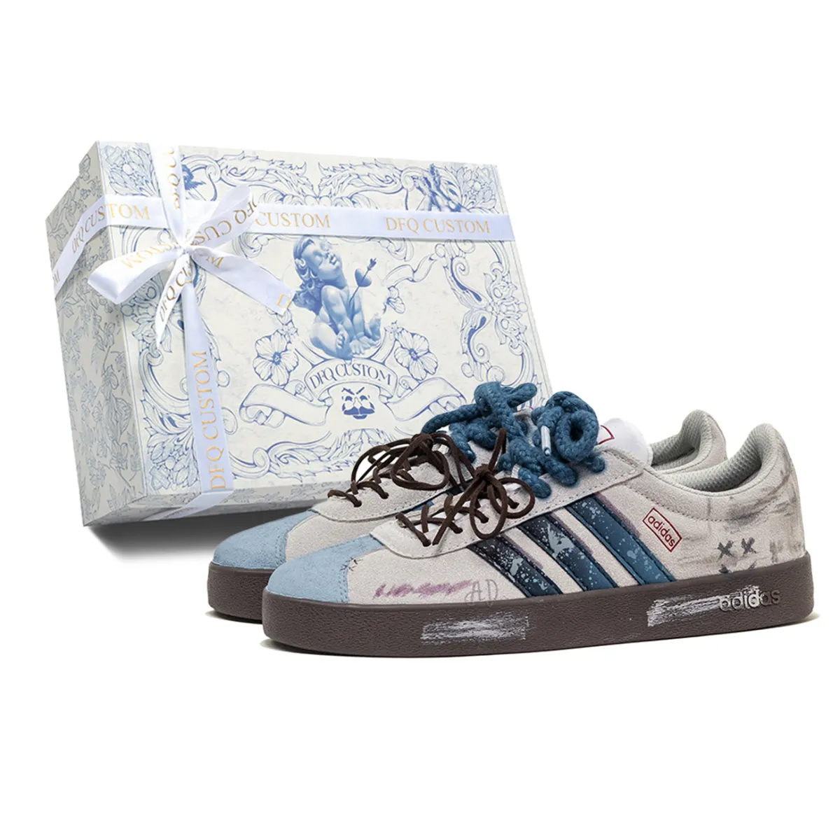 Adidas VL COURT 2.0 ADCDAVINCI, Box, Blue Star Cushioning Low top Skateboard Shoes Unisex Blue Gray