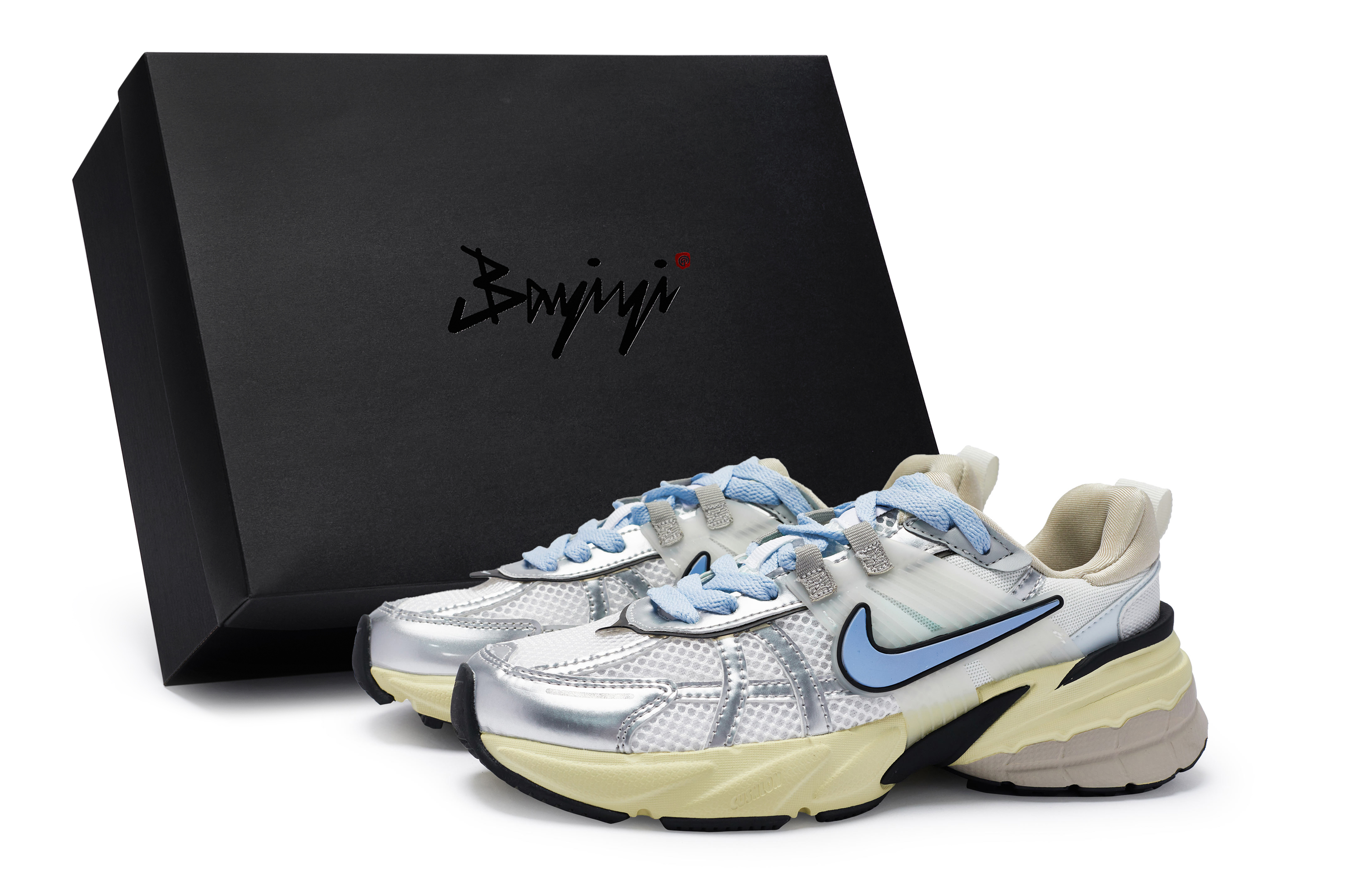 Nike V2K Run Cushioning Slip Resistant Low top Running Shoes Women’s White Silver Blue
