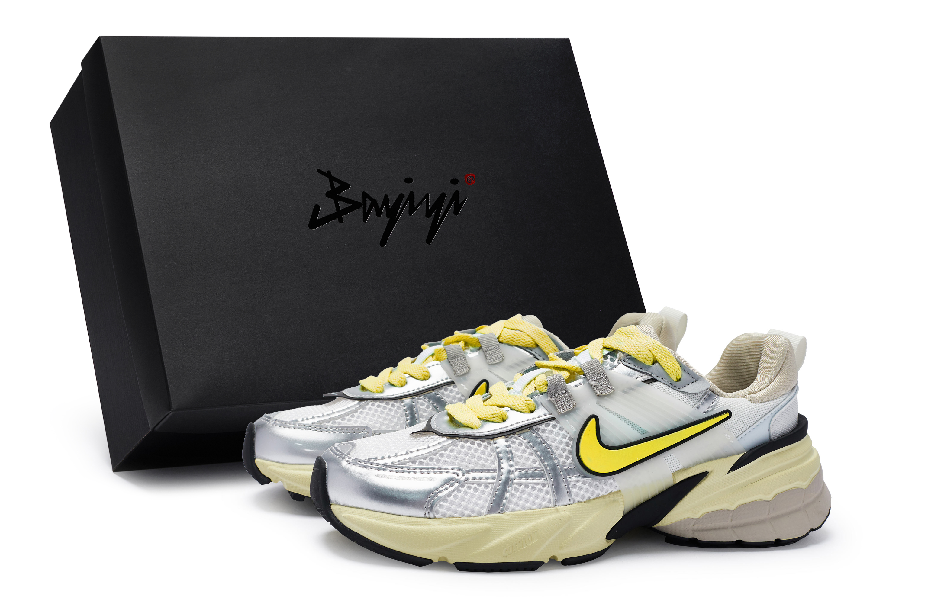 Nike V2K Run Cushioning Slip Resistant Waterproof Low top Running Shoes Women’s White Silver Yellow