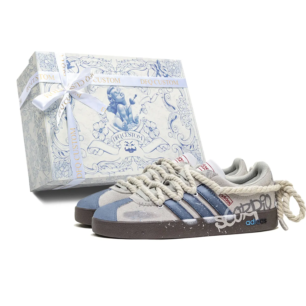 Adidas VL COURT 2.0 Da Vinci, Box, Blue Fashion Cushioning Low top Skateboard Shoes Unisex Blue Gray