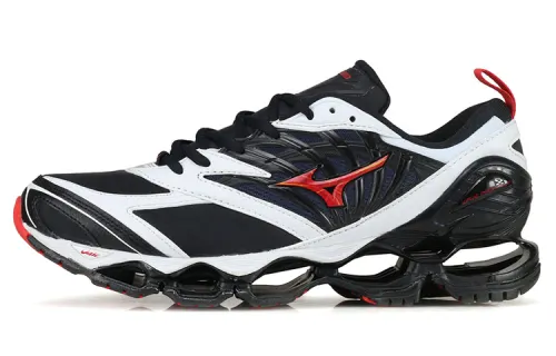 Mizuno Icon Textile, Leather Slip Resistant, Abrasion Resistant, Breathable Low top Running Shoes Men's Black White Red