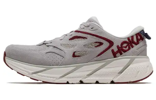 HOKA ONE ONE Clifton LS Embroidery fabric synthetic leather Clifton fun embroidery non-slip wear-resistant breathable low-top running shoes men and women same style gray red