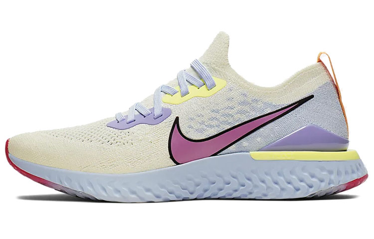 Nike Epic React Flyknit 2 trendy color matching non-slip lightweight low-top marathon running shoes for men and women, yellow and purple
