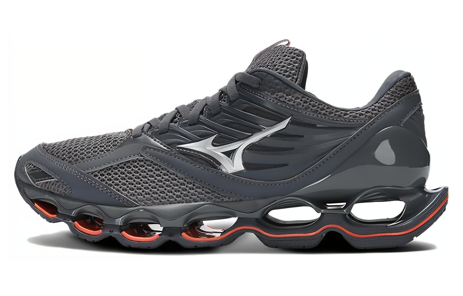 Кроссовки Mizuno Mizuno WAVE PROPHECY 13S (серые с серебристым и оранжево-красным)