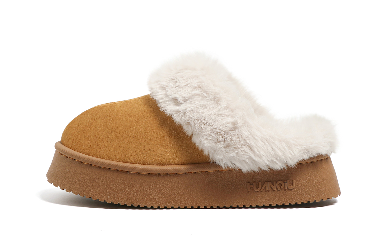 Global HUANQIU velvet and thickened, warm and comfortable, retro and versatile, simple thick-soled lazy slip-ons, furry shoes, toe-cap slippers for women