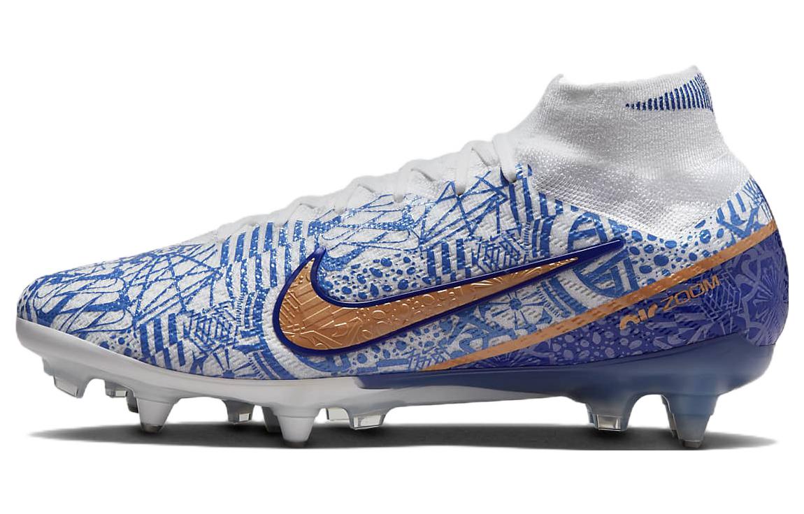 Nike Mercurial Superfly 9 Elite CR7 round toe comfort SG (metal spikes) natural grass shock-absorbing, non-slip and wear-resistant football shoes for men and women, white and blue